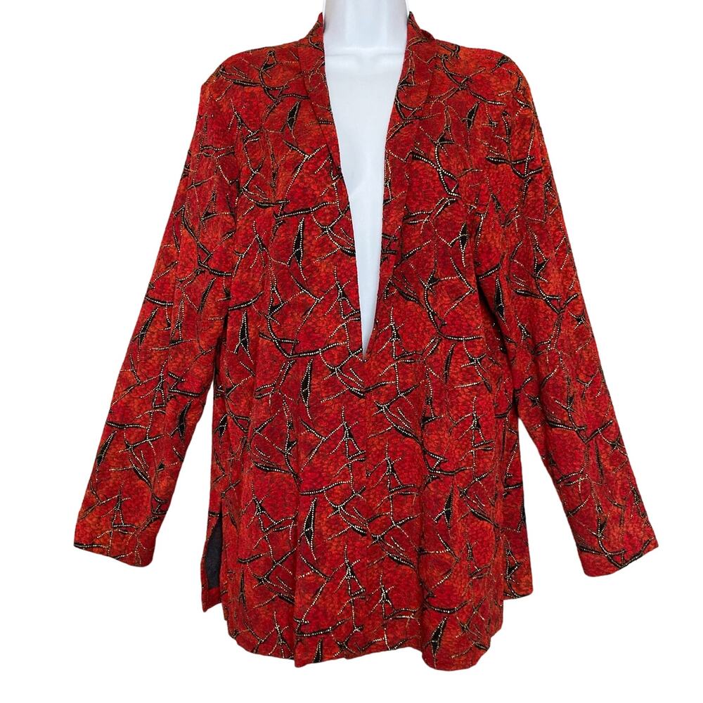 Drapers & Damons Large Red Open Front Jacket Womens Black Metallic Gold Accents